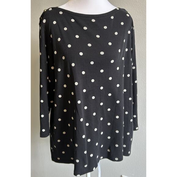 Lands End Womens Polka Dot Shirt 2X Cotton Knit Black White Boat Neck Plus Size - Picture 1 of 12
